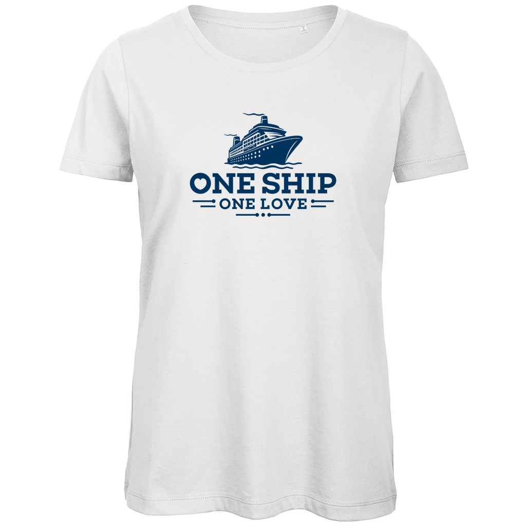 T Shirt für Damen mit ONE SHIP ONE LOVE (Herz) Print. Stoff-Farbe: White. Fernweh zum Anziehen? travelPrint4U.de