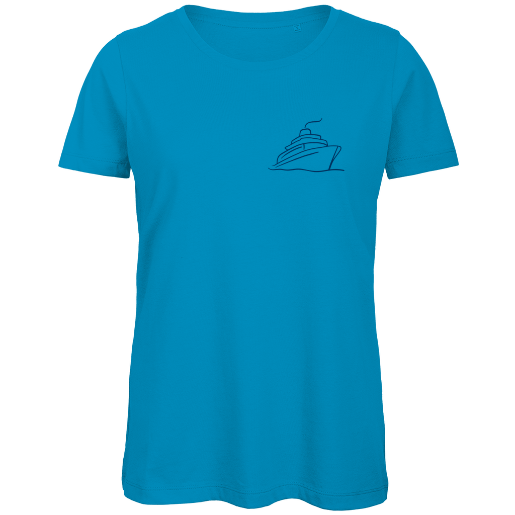 T Shirt für Damen mit ONE SHIP ONE LOVE Print (blau). Stoff-Farbe: Atoll. Fernweh zum Anziehen? travelPrint4U.de