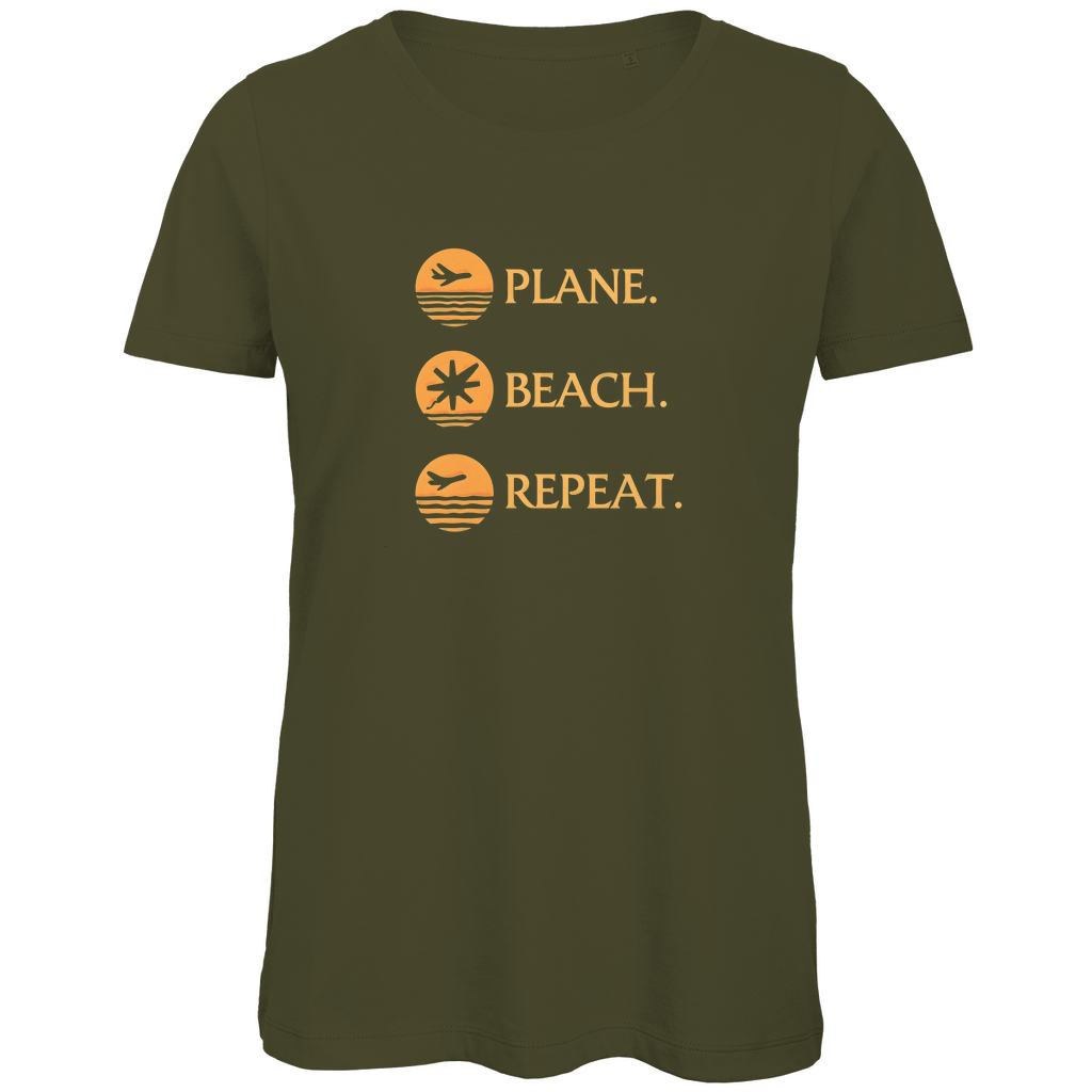 T Shirt für Damen in der Farbe Khaki mit PLANE BEACH REPEAT Print (Orange). Fernweh zum Anziehen? travelPrint4U.de