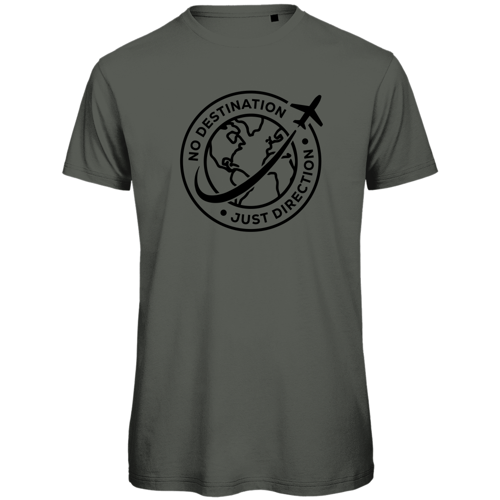 T Shirt für Herren mit starkem DESTINATION - DIRECTION Print (Black). Stoff: Mill. Khaki. Fernweh zum Anziehen? travelPrint4U