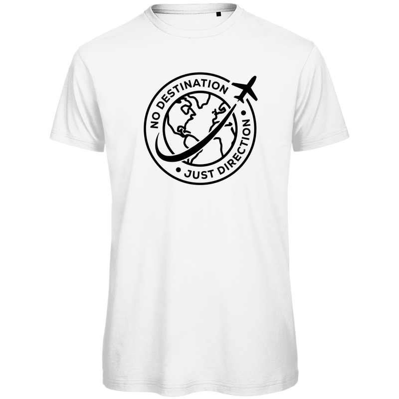 T Shirt für Herren mit starkem DESTINATION - DIRECTION Print (Black). Stoff: White. Fernweh zum Anziehen? travelPrint4U.de