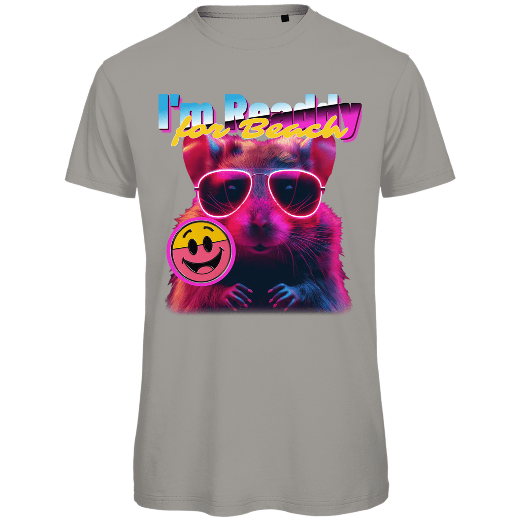 Herren Funshirt mit Hamster, I’M BEACH READDY. Bunter Print auf Light Grey Stoff. Fernweh zum Anziehen? travelPrint4U.de