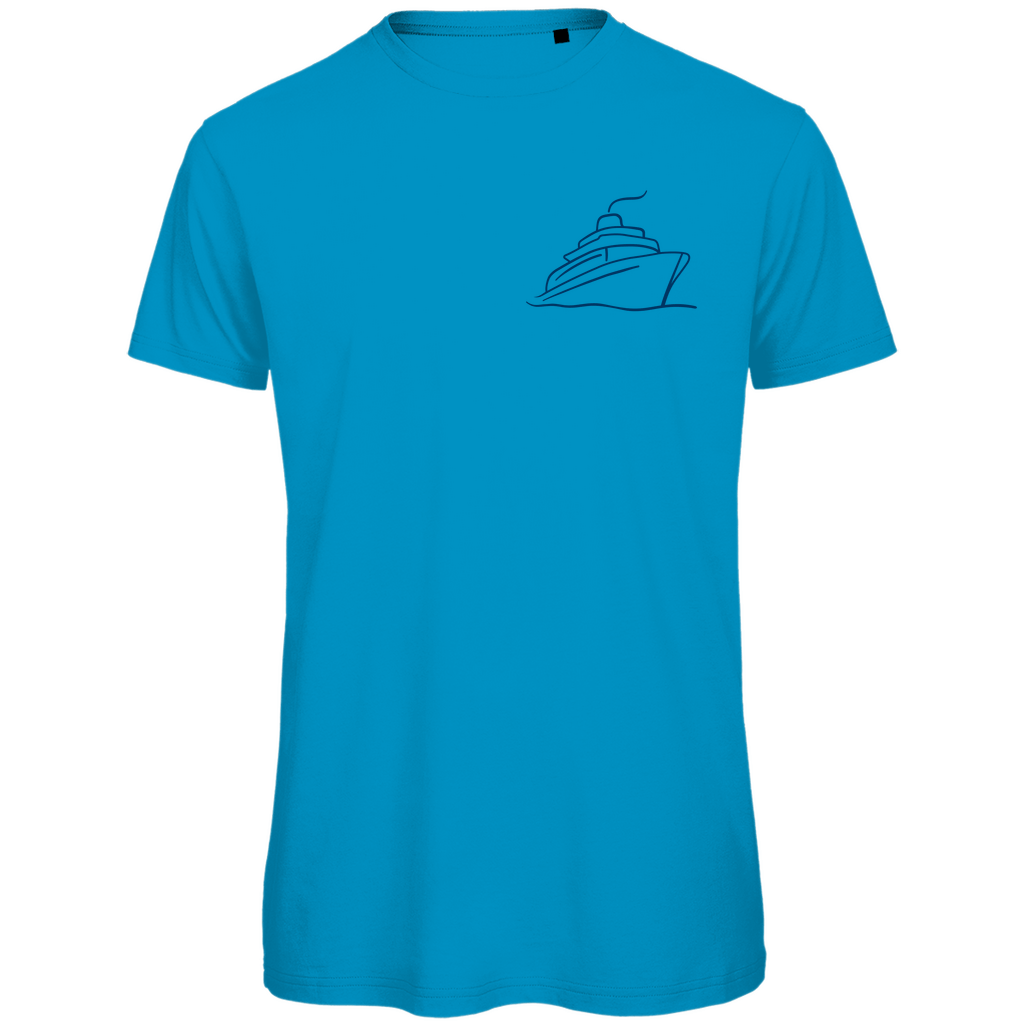 T Shirt für Herren mit ONE SHIP ONE LOVE Print (blau). Stoff-Farbe: Atoll. Fernweh zum Anziehen? travelPrint4U.de