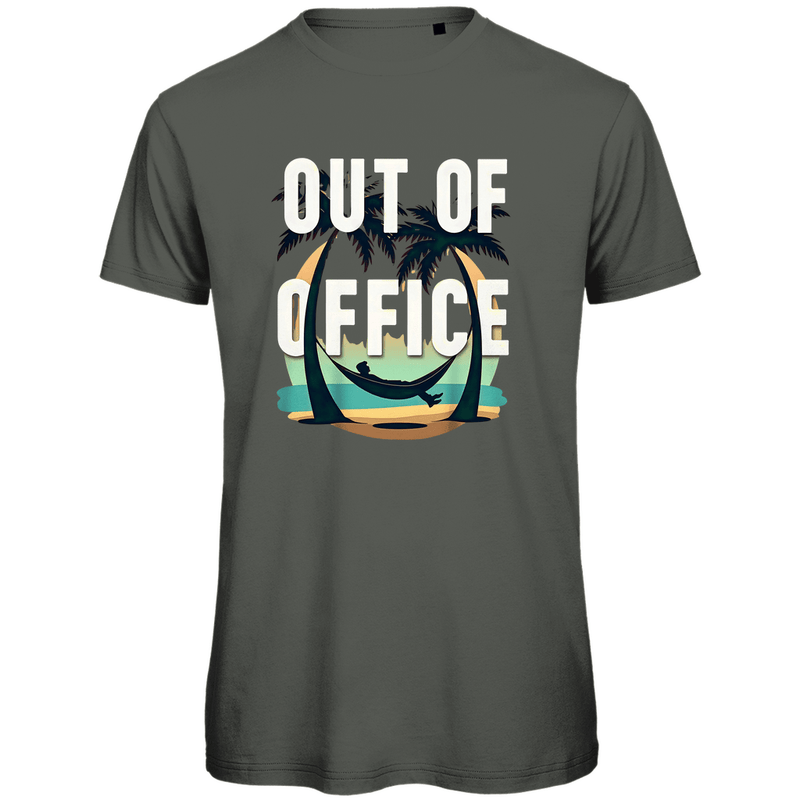 T Shirt für Herren mit buntem OUT OF OFFICE Print. Stoff-Farbe: Millennial Khaki. Fernweh zum Anziehen? travelPrint4U.de