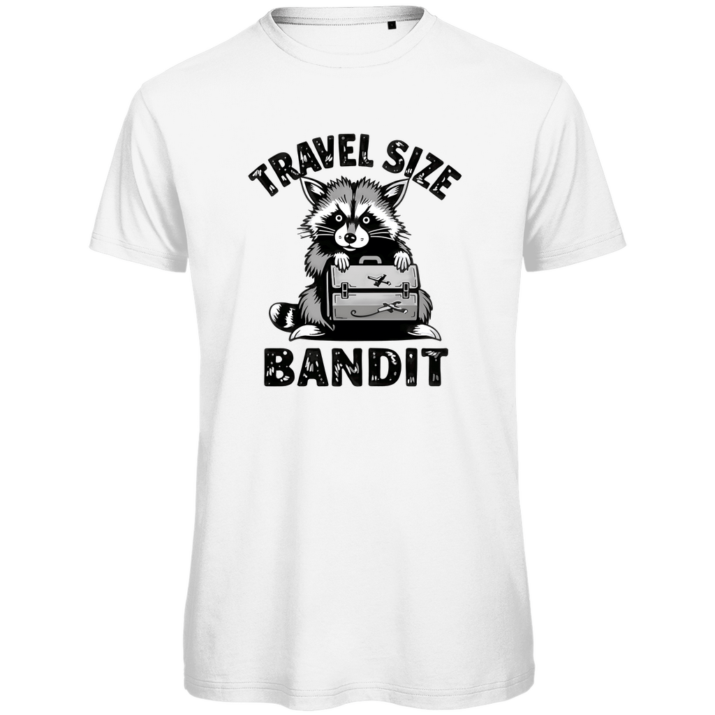 T Shirt für Herren mit Waschbär, TRAVEL SIZE BANDIT Print. Stoff-Farbe: White. Fernweh mal Lustig? travelPrint4U.de