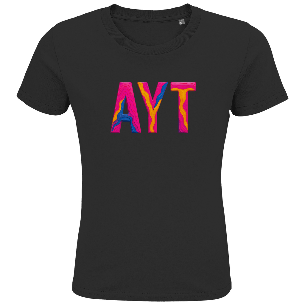 T-Shirts für Kinder mit buntem AYT Print für Airport ANTALYA. Stoff-Farbe: Black. Fernweh zum Anziehen? travelPrint4U.de