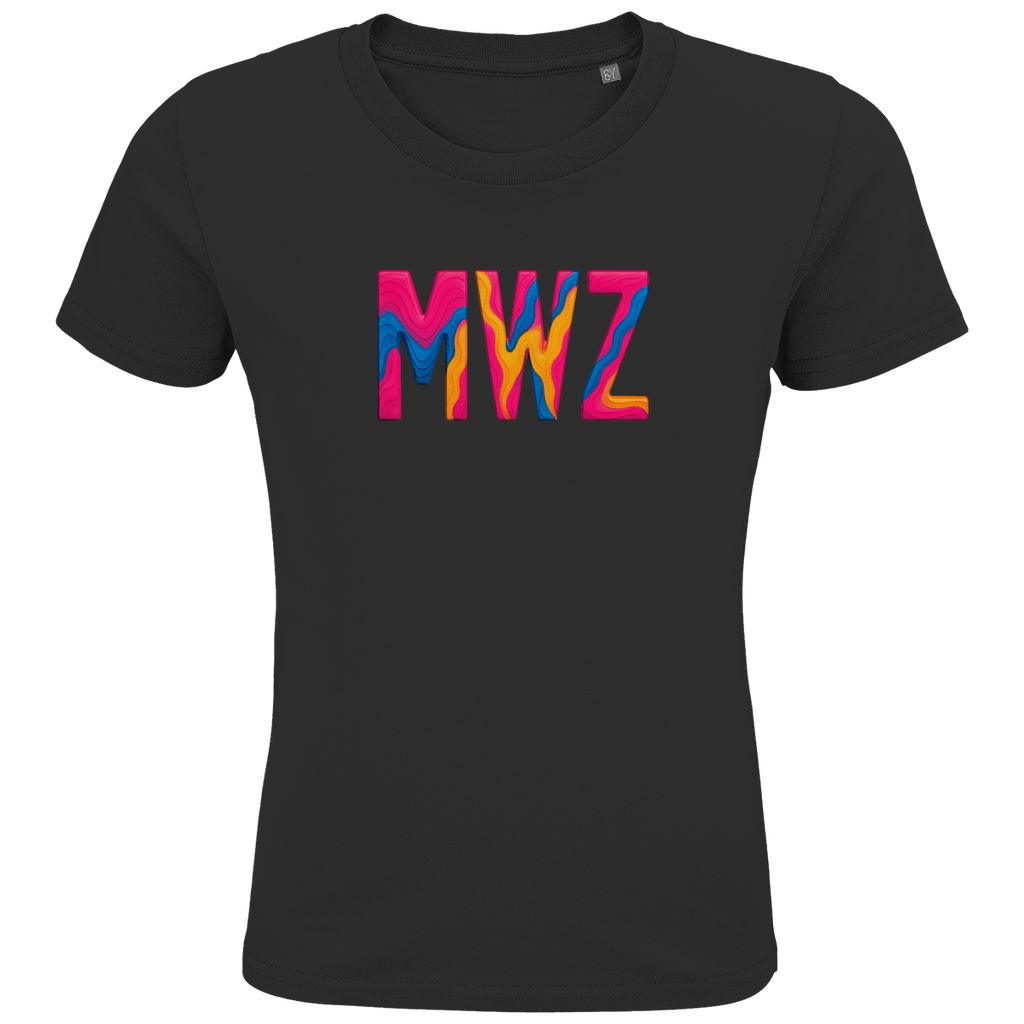 T-Shirts für Kinder mit buntem MWZ Print für Airport MWANZA. Stoff-Farbe: Black. Fernweh zum Anziehen? travelPrint4U.de