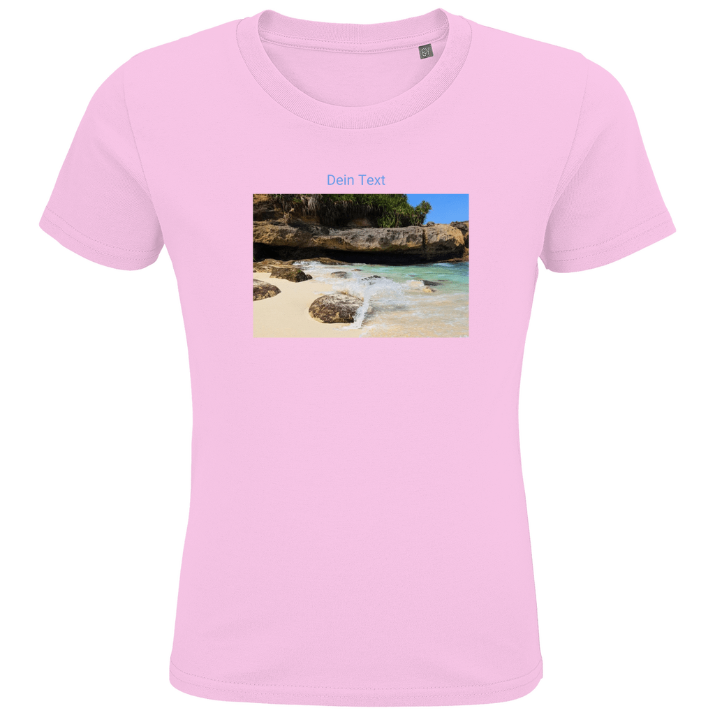 T-Shirts für Kinder, personalisierbar mit Foto und kurzem Text. Stoff-Farbe: Pale Pink. Fernweh zum Anziehen? travelPrint4U.de