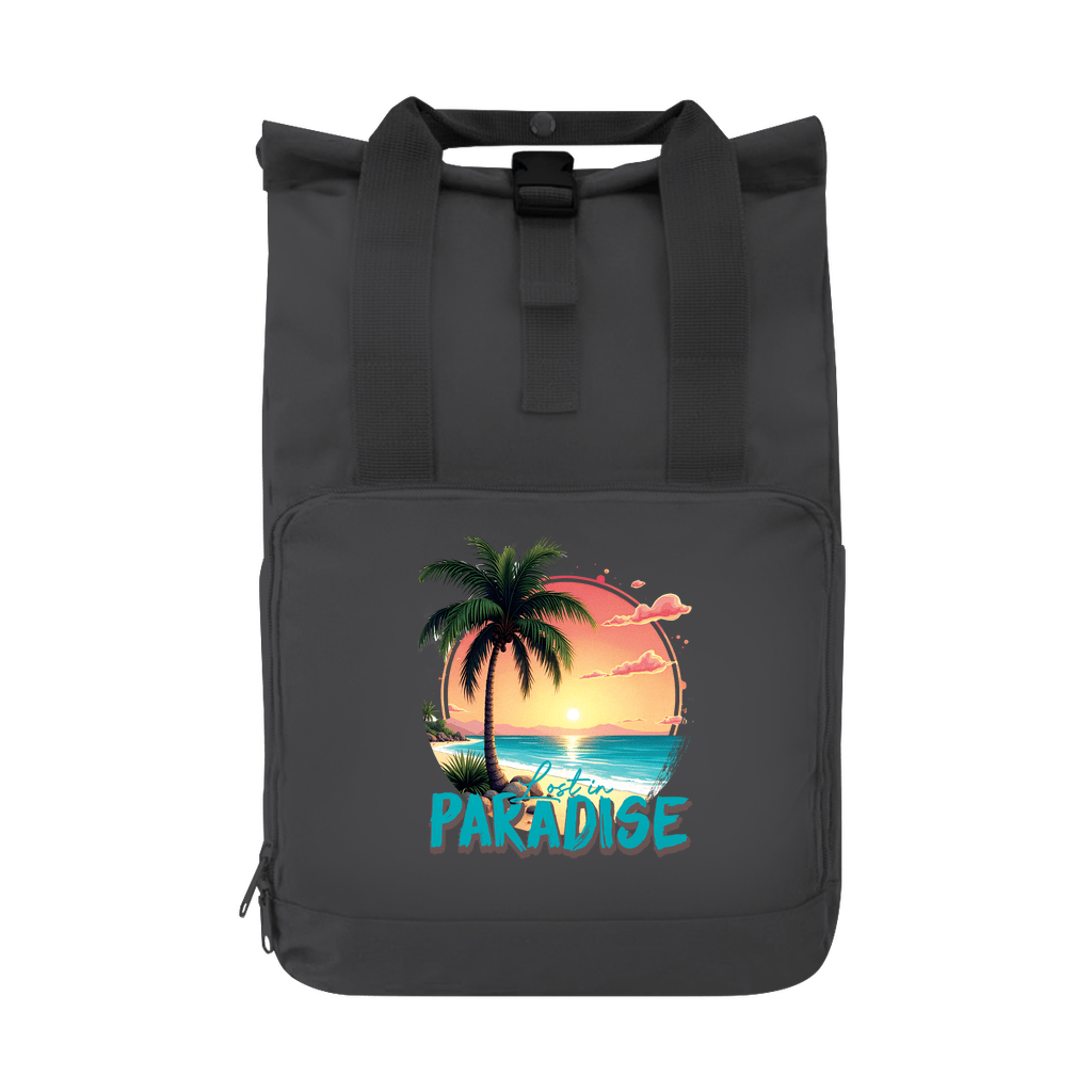 Tagesrucksack mit farbenfrohem LOST IN PARADISE Aufdruck. Grundfarbe: Graphite Grey. Fernweh zum Anfassen? travelPrint4U.de