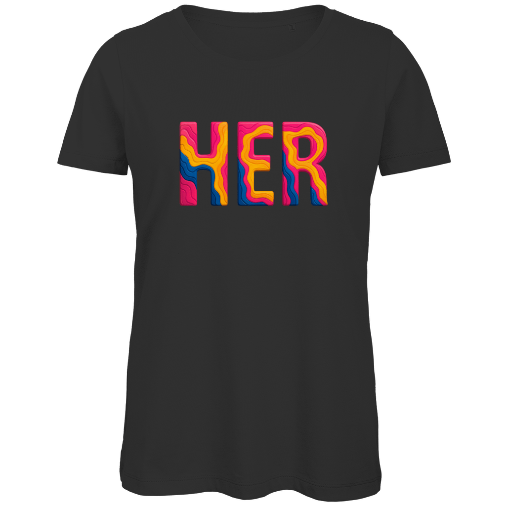 TShirt für Damen mit buntem HER Print für Airport HERAKLION. Stoff-Farbe: BLACK. Fernweh zum Anziehen? travelPrint4U.de