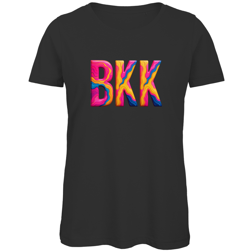 TShirt für Damen mit buntem BKK Print für Airport BANGKOK. Stoff-Farbe: Black. Fernweh zum Anziehen? travelPrint4U.de