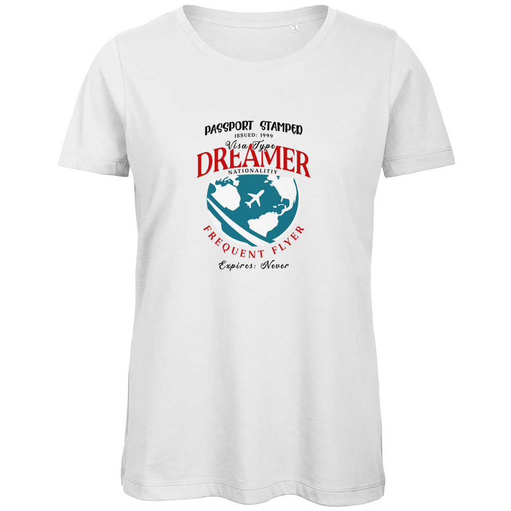 TShirt für Damen mit DREAMER NATIONALITY Aufdruck. Stoff-Farbe: White. Fernweh zum Anziehen? travelPrint4U.de