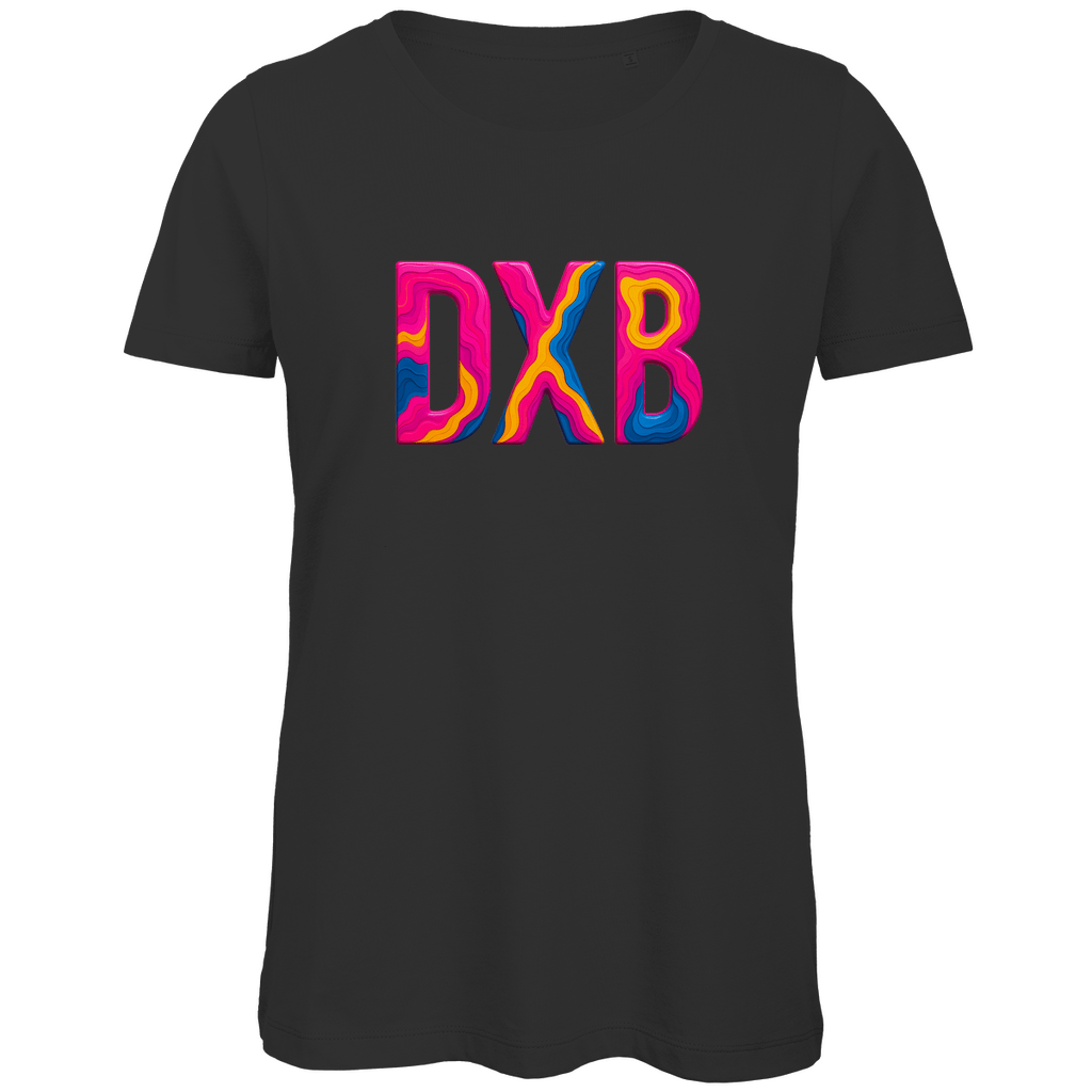 TShirt für Damen mit buntem DXB Print für Airport DUBAI. Stoff-Farbe: Black. Fernweh zum Anziehen? travelPrint4U.de