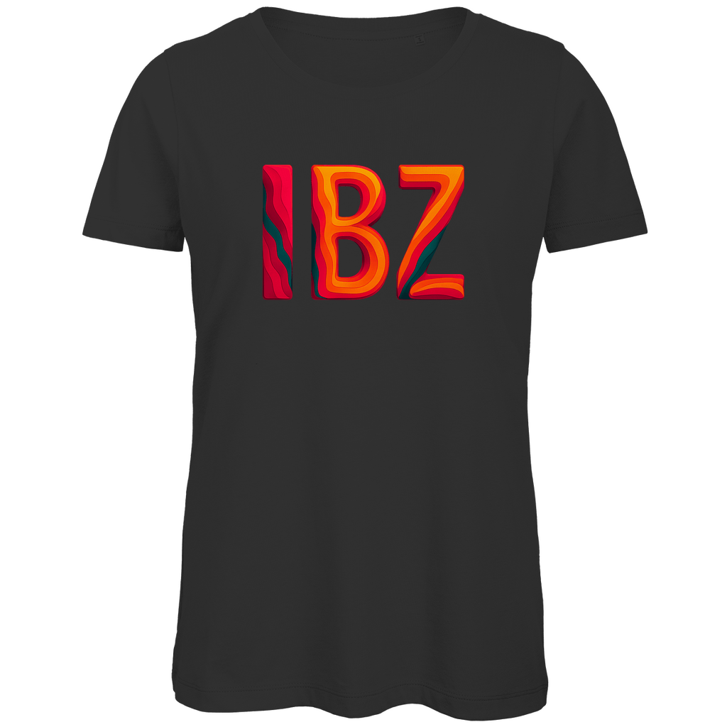 TShirt für Damen mit buntem IBZ Print für Airport IBIZA. Stoff-Farbe: Black. Fernweh zum Anziehen? travelPrint4U.de