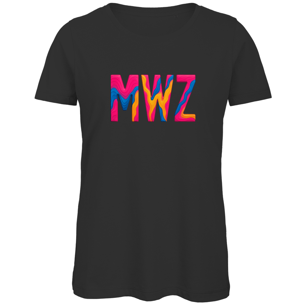 TShirt für Damen mit buntem MWZ Print für Airport MWANZA. Stoff-Farbe: Black. Fernweh zum Anziehen? travelPrint4U.de