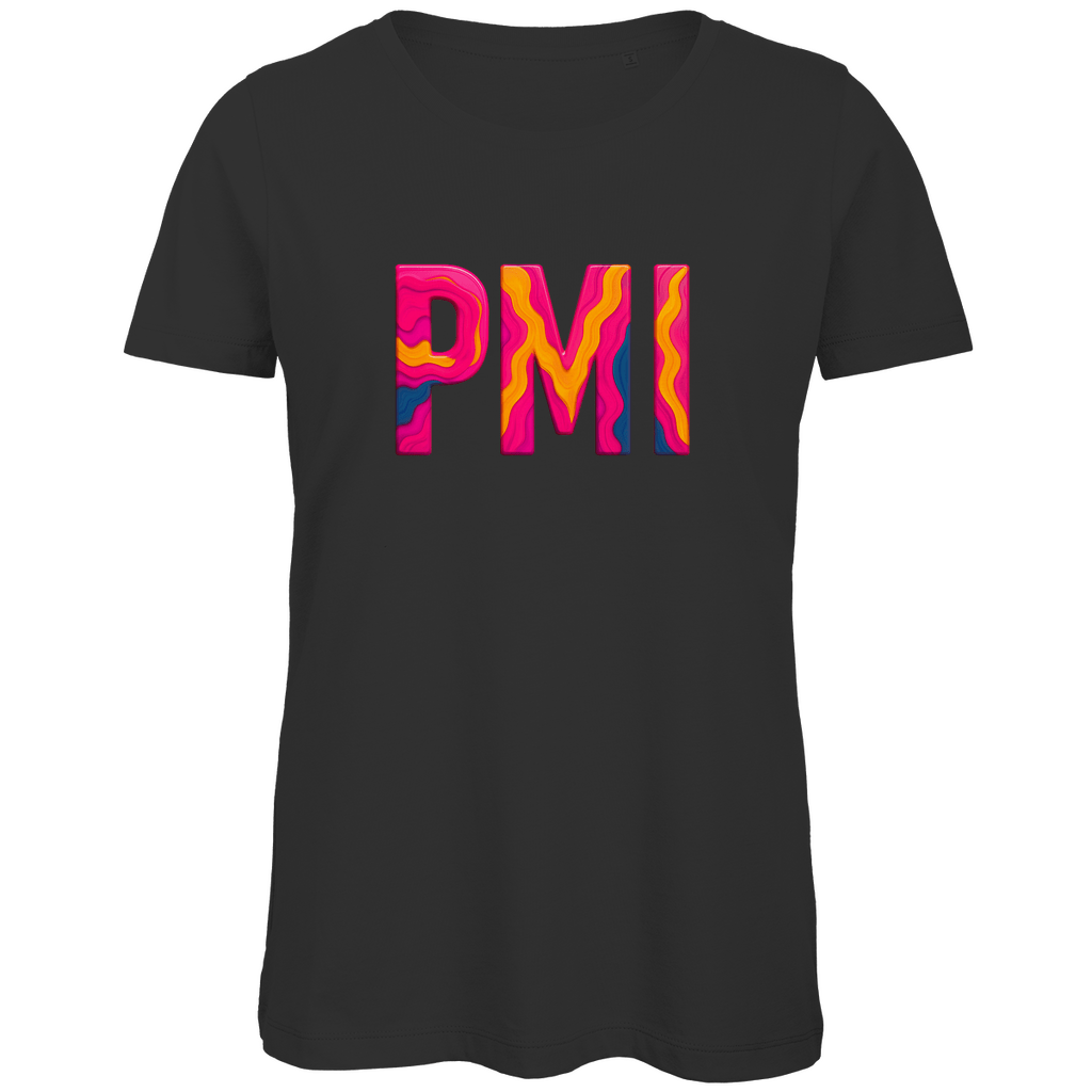 TShirt für Damen mit buntem PMI Print für Airport MALLORCA. Stoff-Farbe: Black. Fernweh zum Anziehen? travelPrint4U.de
