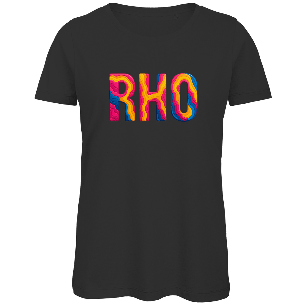 TShirt für Damen mit buntem RHO Print für Airport RHODOS. Stoff-Farbe: Black. Fernweh zum Anziehen? travelPrint4U.de