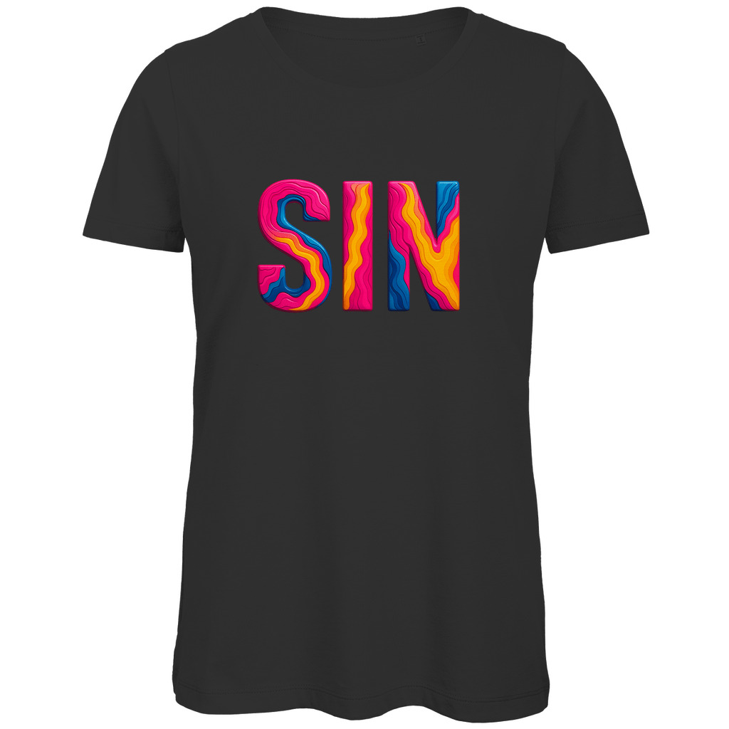TShirt für Damen mit buntem SIN Print für Airport SINGAPUR. Stoff-Farbe: Black. Fernweh zum Anziehen? travelPrint4U.de