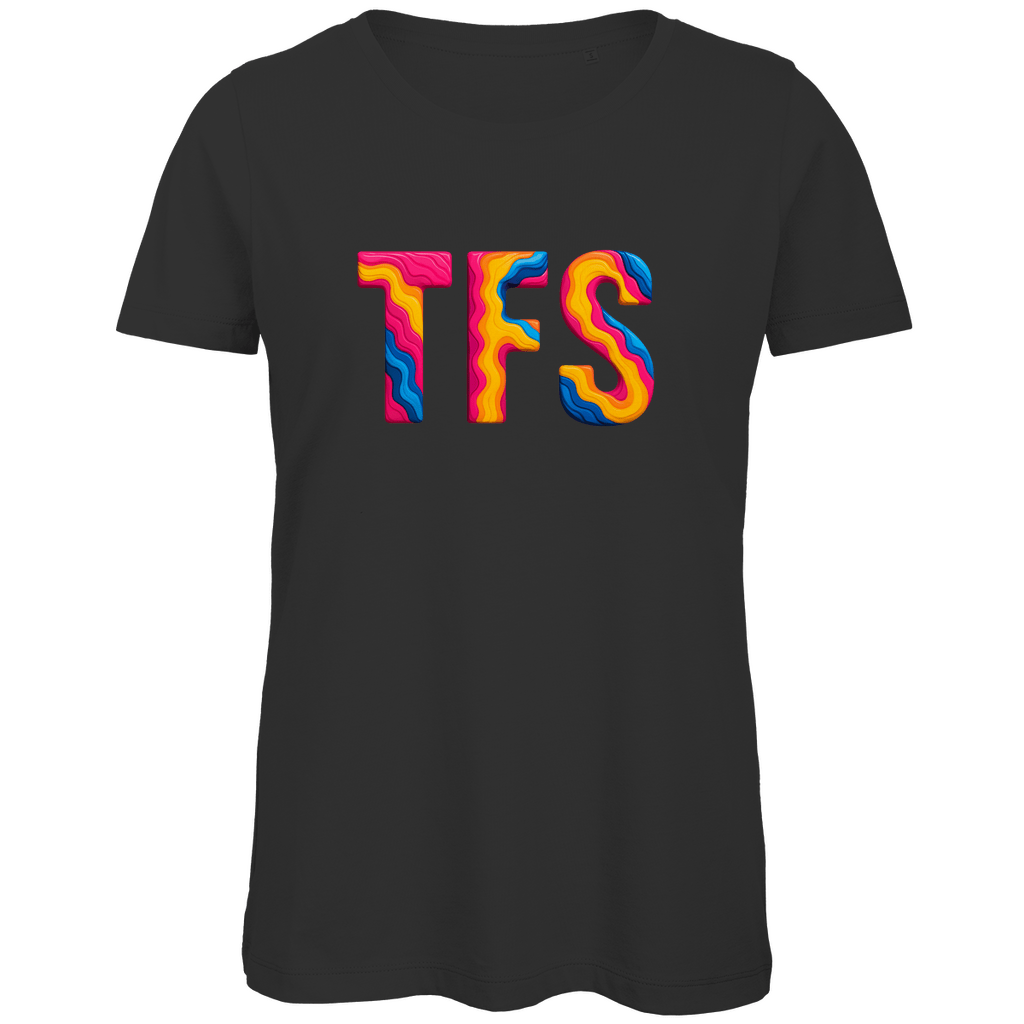TShirt für Damen mit buntem TFS Print für Airport TENERIFFA-SÜD. Stoff-Farbe: Black. Fernweh zum Anziehen? travelPrint4U.de