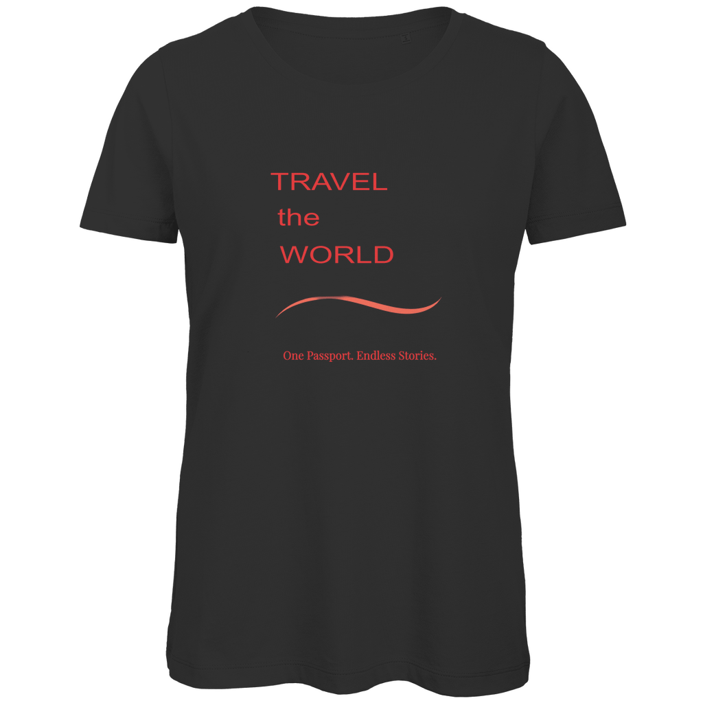 TShirt für Damen mit TRAVEL THE WORLD Aufdruck (Rot). Stoff-Farbe: Black. Fernweh zum Anziehen? travelPrint4U.de
