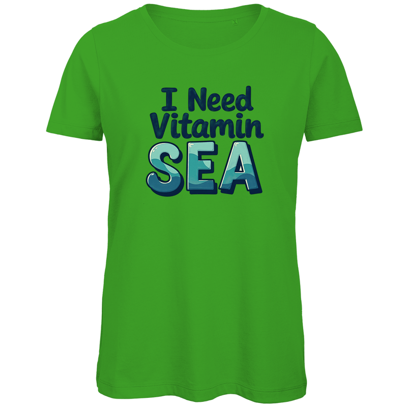 TShirt für Damen mit I NEED VITAMIN SEA Print. Stoff-Farbe: Real Green. Fernweh zum Anziehen? travelPrint4U.de