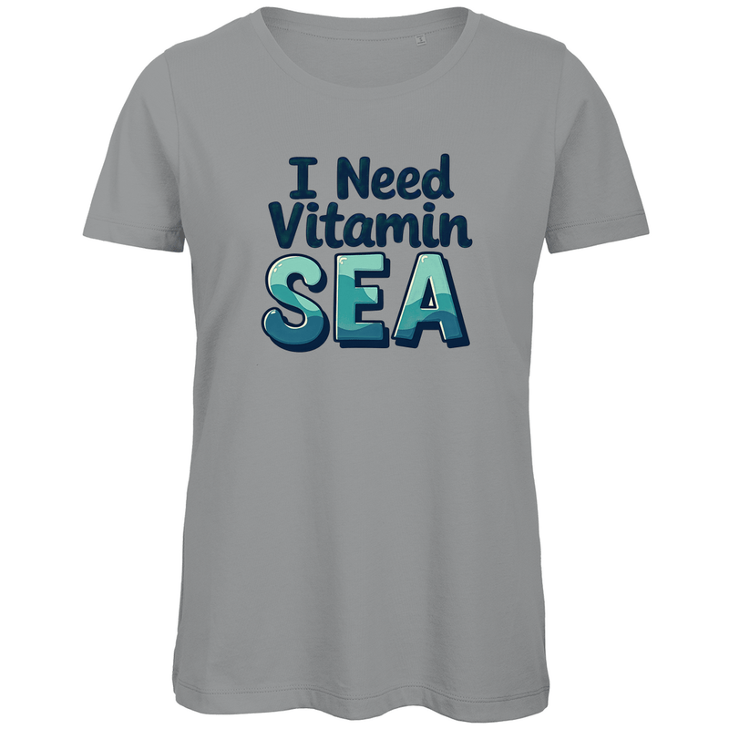 TShirt für Damen mit I NEED VITAMIN SEA Print. Stoff-Farbe: Sport Grey Heather. Fernweh zum Anziehen? travelPrint4U.de