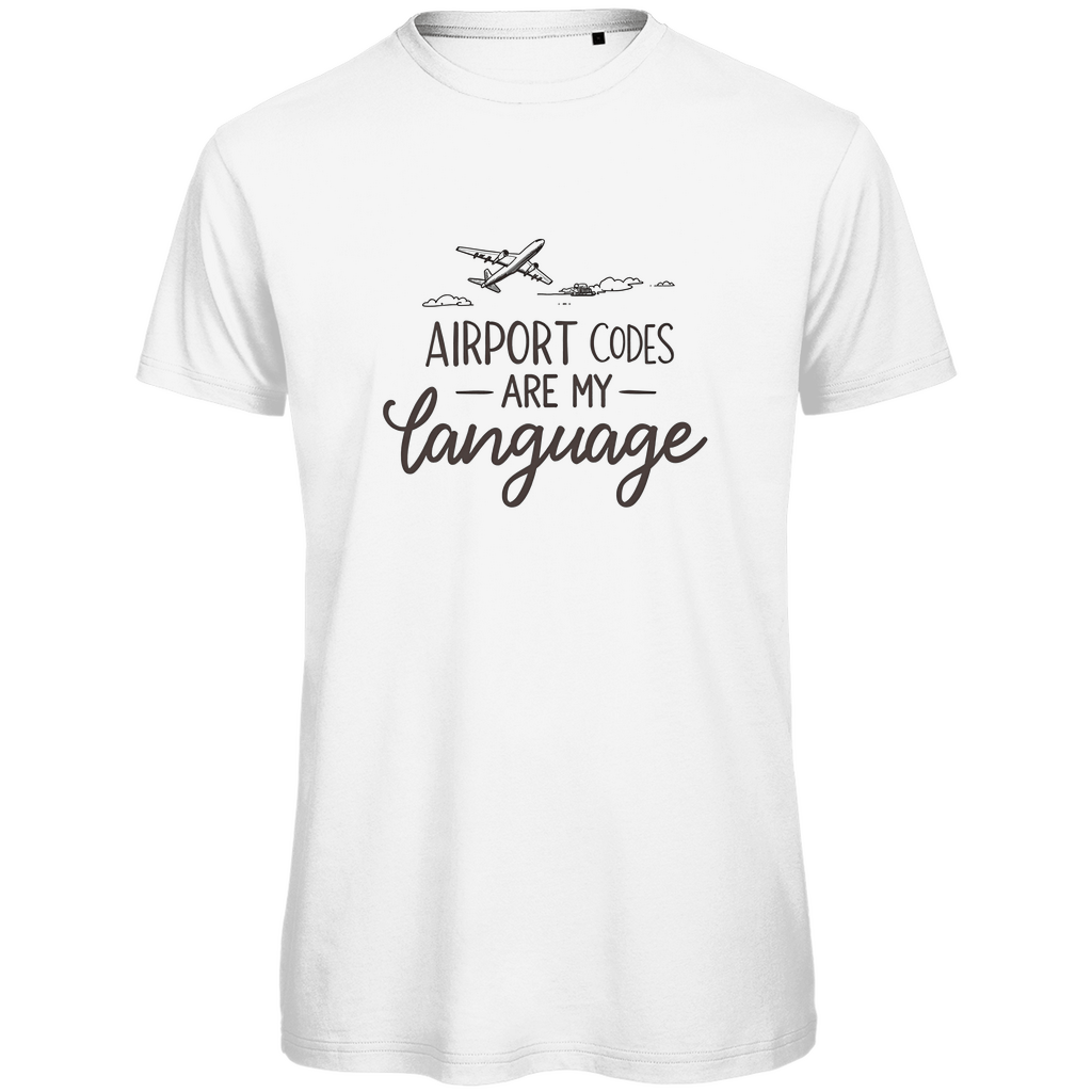 TShirt für Herren mit AIRPORT CODES ARE MY LANGUAGE Print. Stoff-Farbe: White. Fernweh zum Anziehen? travelPrint4U.de