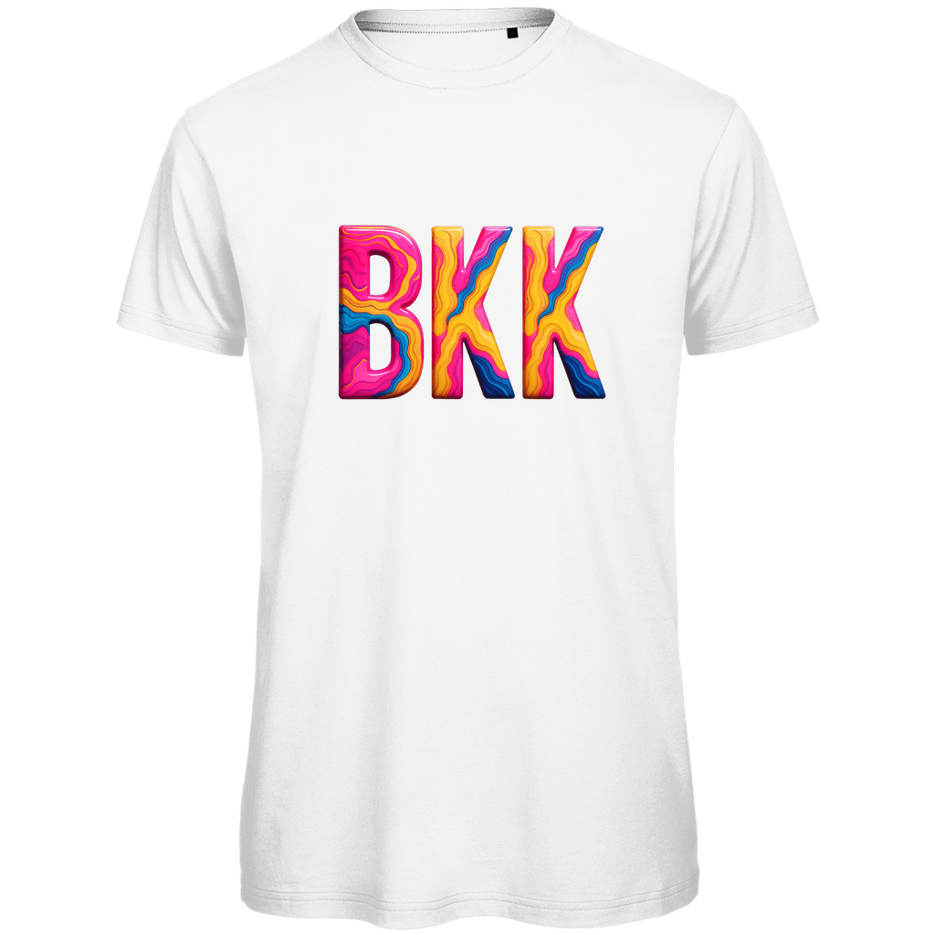 TShirt für Herren mit buntem BKK Print für Airport BANGKOK. Stoff-Farbe: White. Fernweh zum Anziehen? travelPrint4U.de