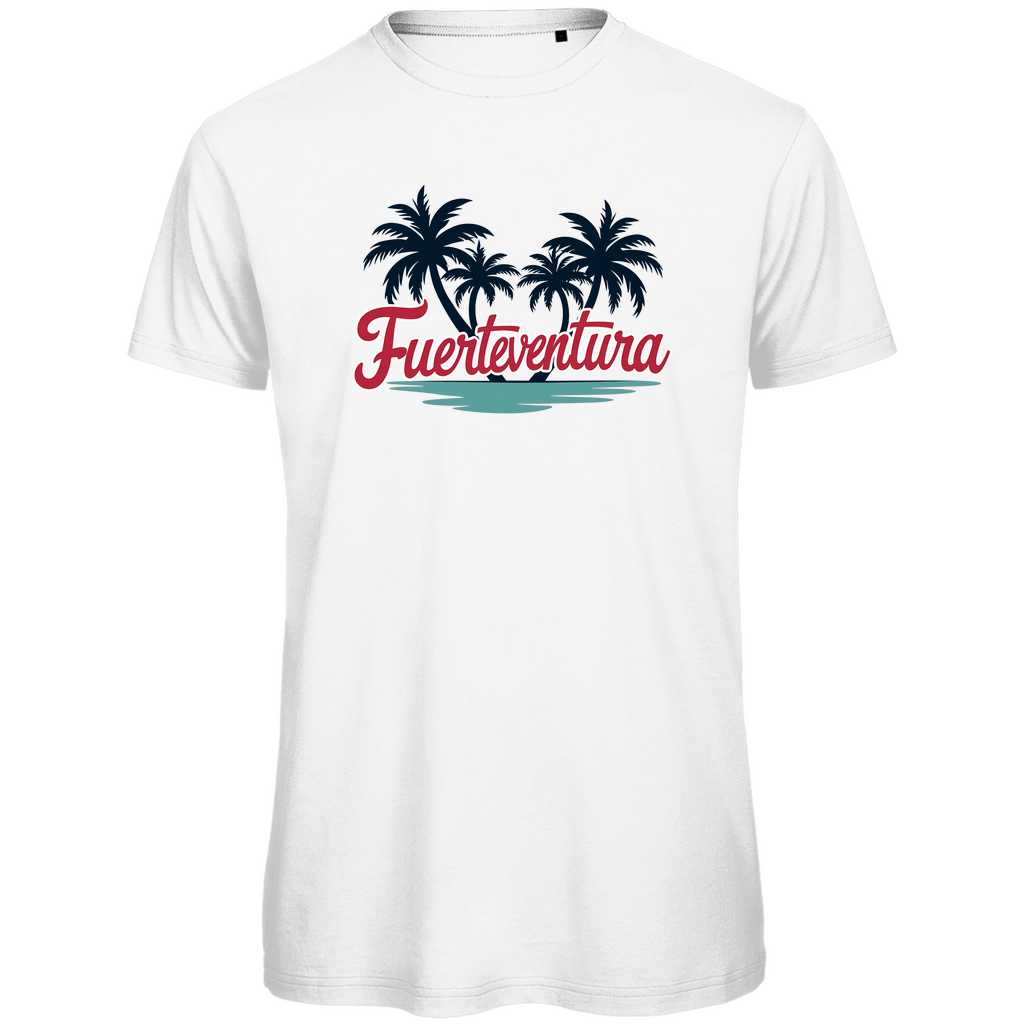 T Shirt für Herren in der Farbe White mit FUERTEVENTURA Schriftzug. Fernweh zum Anziehen mit travelPrint4U.de