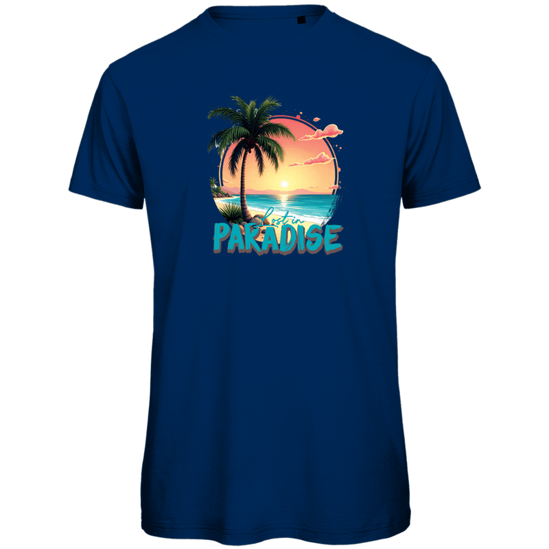 TShirt für Herren mit buntem LOST IN PARADISE Print. Stoff-Farbe: Navy. Fernweh zum Anziehen? travelPrint4U.de