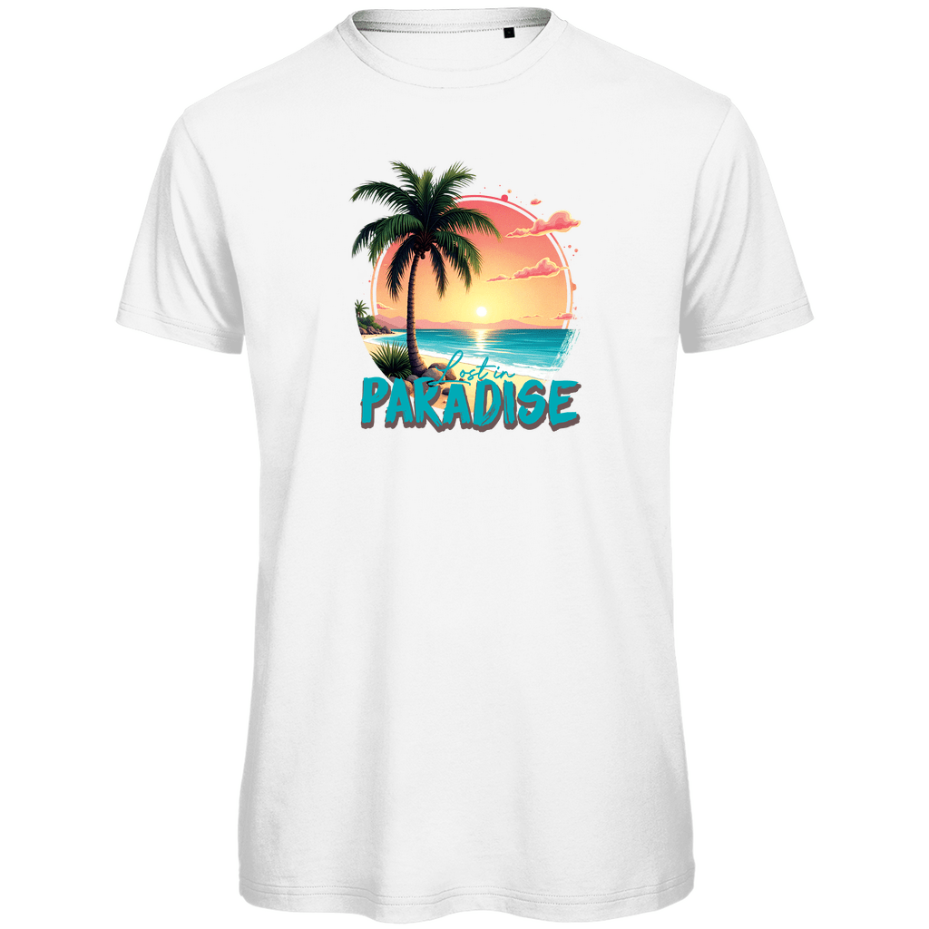 TShirt für Herren mit buntem LOST IN PARADISE Print. Stoff-Farbe: White. Fernweh zum Anziehen? travelPrint4U.de