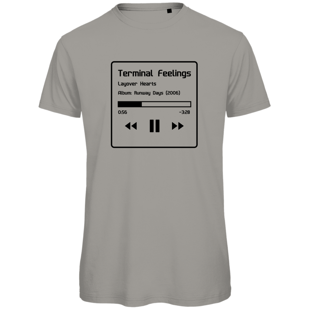 TShirt für Herren TERMINAL FEELINGS in Now Playing-Grafik (Black). Stoff-Farbe: Grey. Fernweh zum Anziehen? travelPrint4U.de