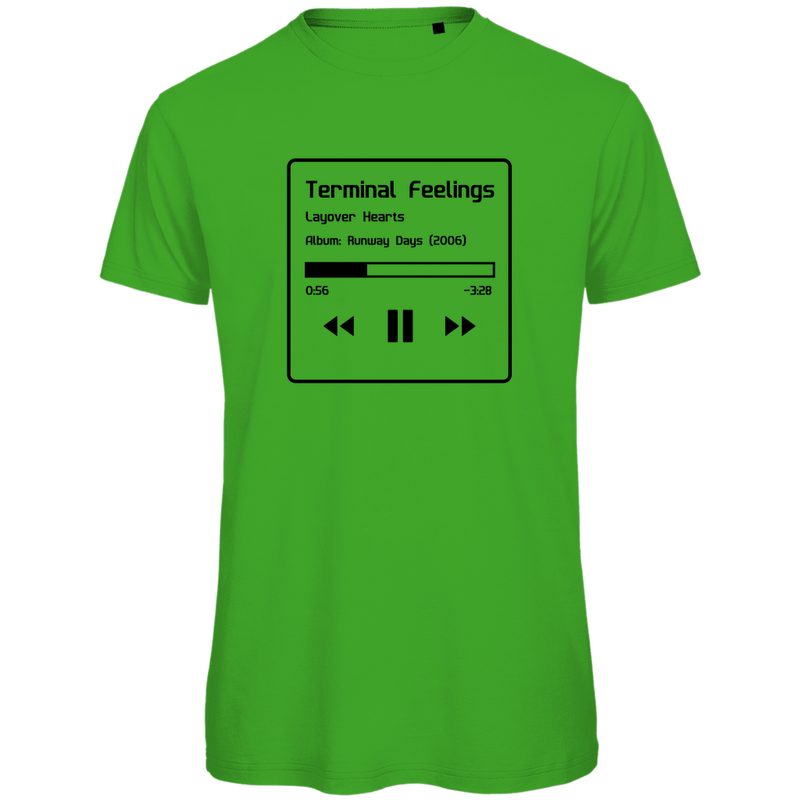 TShirt für Herren TERMINAL FEELINGS in Now Playing-Grafik (Black). Stoff-Farbe: Real Green. Fernweh zum Anziehen? travelPrint4U