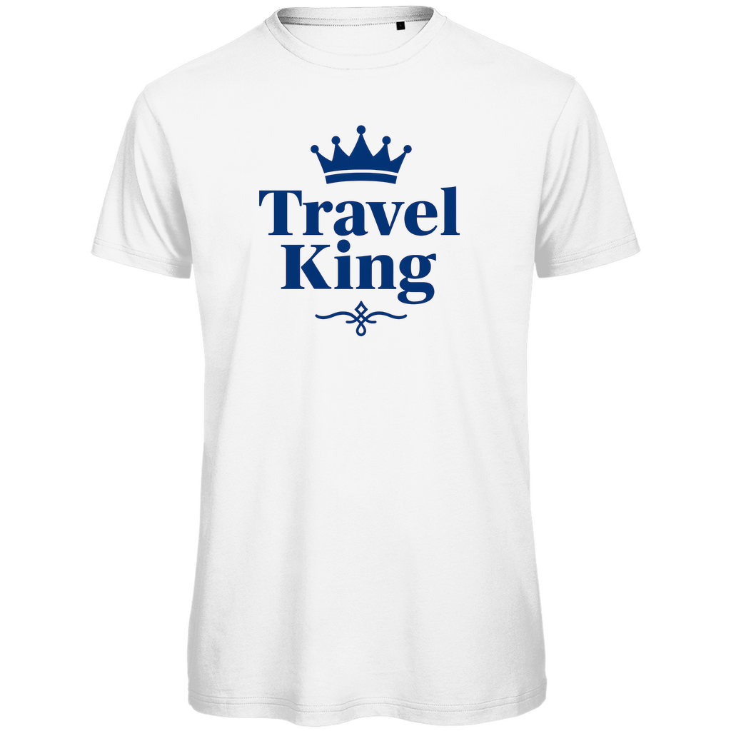 TShirt für Herren mit TRAVEL KING Aufdruck in blau. Stoff-Farbe: White. Fernweh zum Anziehen? travelPrint4U.de