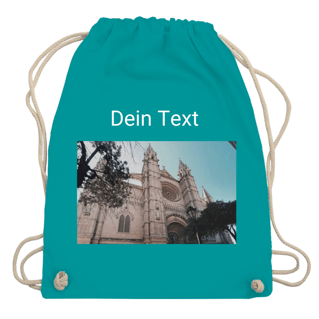Turnbeutel personalisierbar mit Deinem Foto und kurzem Text. Grundfarbe: Türkis. Fernweh zum Anfassen? travelPrint4U.de