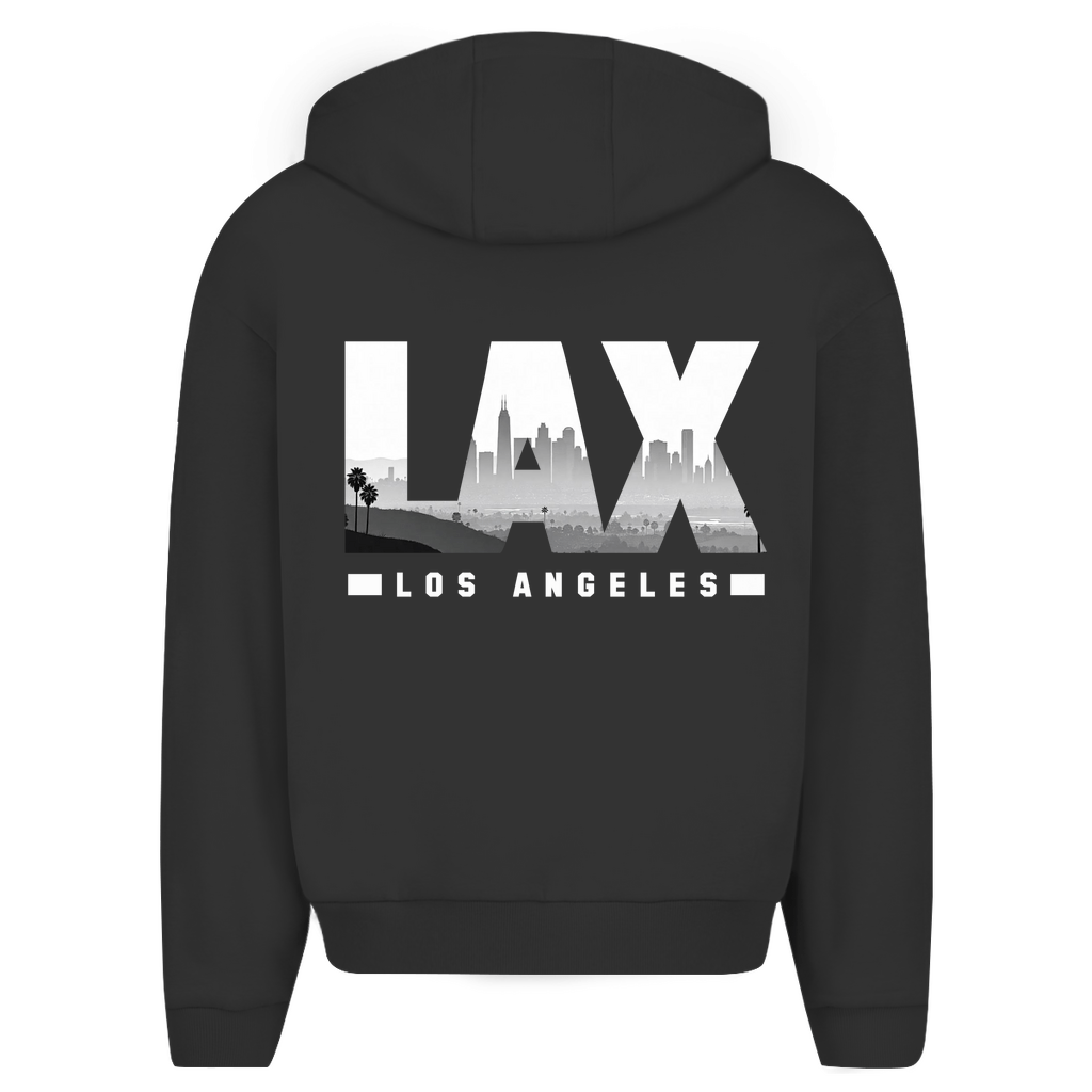 Zip Hoodie für Herren in Black + LAX Airport Code Los Angeles. 2seitiges Design. Fernweh zum Anziehen? travelPrint4U.de