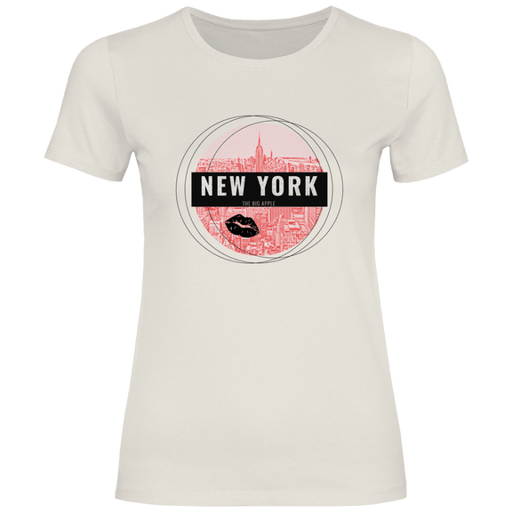 Damen Basic T-Shirt Natural mit New York Skyline Motiv. Reise-Outfit für Weltenbummler von travelPrint4U Reisegarderobe
