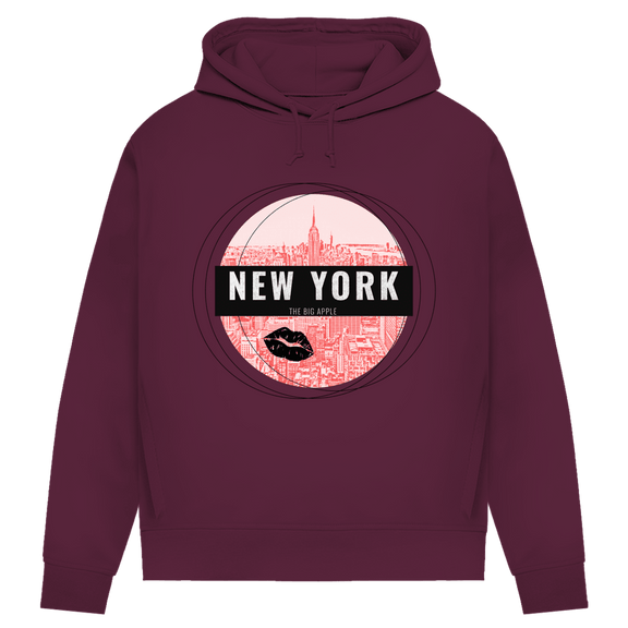 Bequemer New York Hoodie in Farbe Burgundy. Die gemütliche Reisegarderobe für deinen nächsten Flug von travelPrint4U.