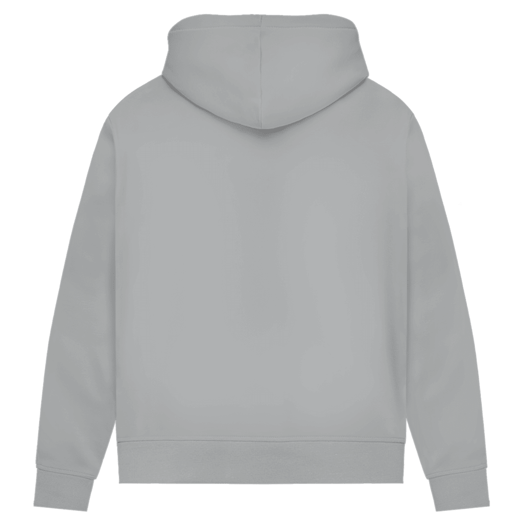 Bequemer New York Hoodie in Heather Grey. Rückseite uni.