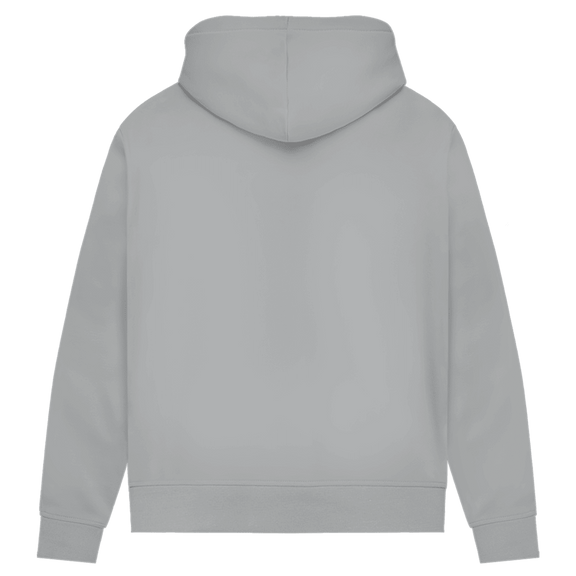 Bequemer New York Hoodie in Heather Grey. Rückseite uni.