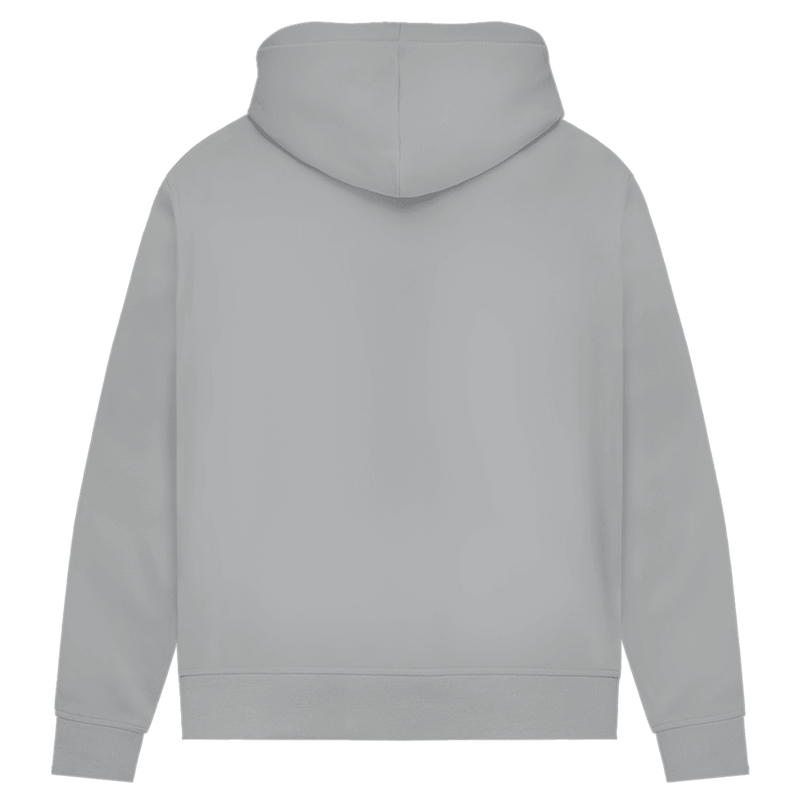 Bequemer New York Hoodie in Heather Grey. Rückseite uni.