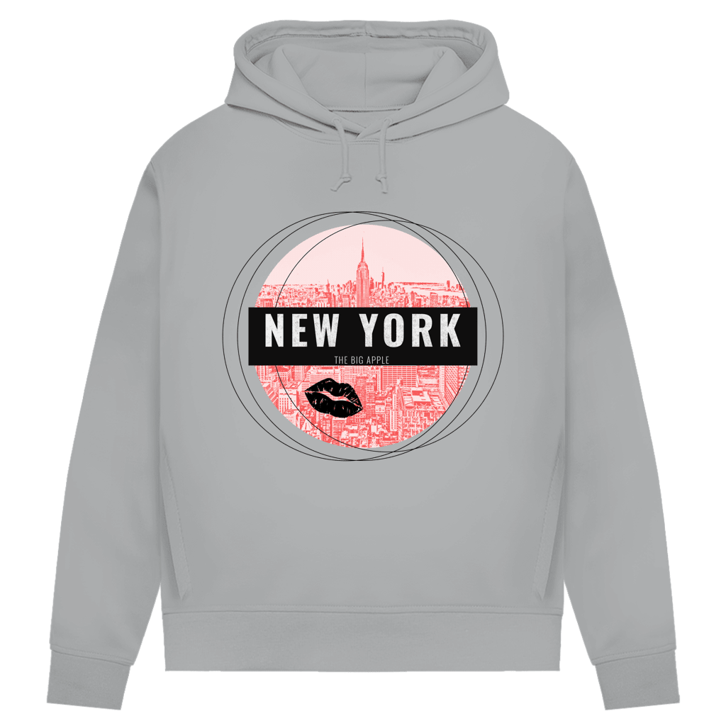 Bequemer New York Hoodie in Farbe Heather Grey. Die gemütliche Reisegarderobe für deinen nächsten Flug von travelPrint4U.