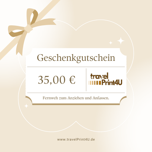 Geschenk-Gutschein für Reisegarderobe und Airport-Code Designs von travelPrint4U im Wert von 35 Euro
