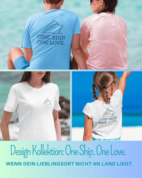 Drei Bilder mit dem Zweiseitigen Design One Ship.One Love. Instagram-Beitrag auf @travelPrint_4U