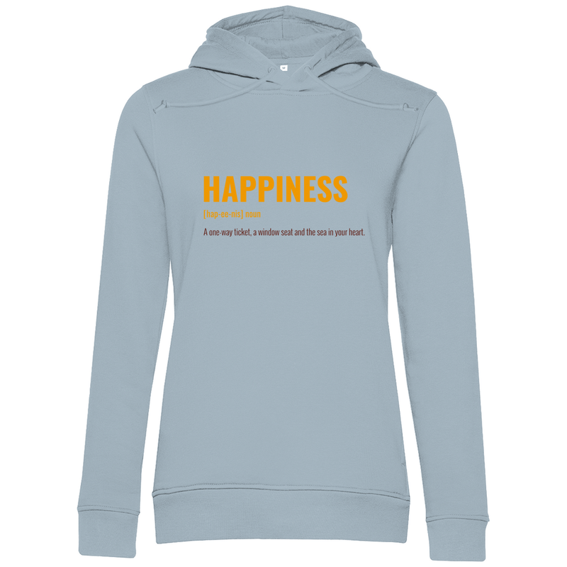 Kapuzenpulli in Blue Fog mit HAPPINESS (ONE WAY TICKET & WINDOW SEAT) Print. Fernweh zum Anziehen mit travelPrint4U.de
