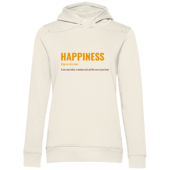 Kapuzenpulli in Off White mit HAPPINESS (ONE WAY TICKET & WINDOW SEAT) Print. Fernweh zum Anziehen mit travelPrint4U.de