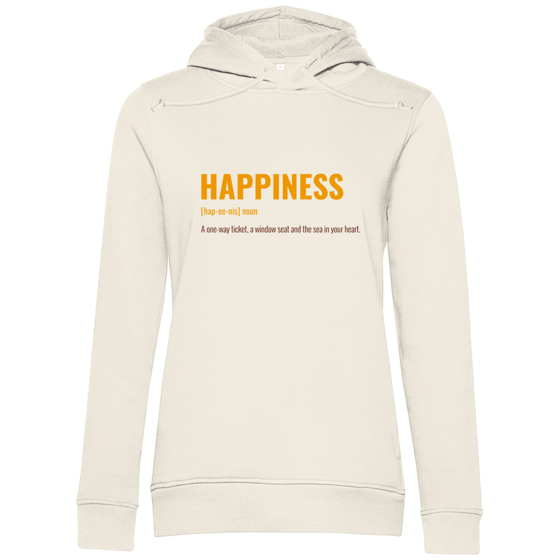 Kapuzenpulli in Off White mit HAPPINESS (ONE WAY TICKET & WINDOW SEAT) Print. Fernweh zum Anziehen mit travelPrint4U.de