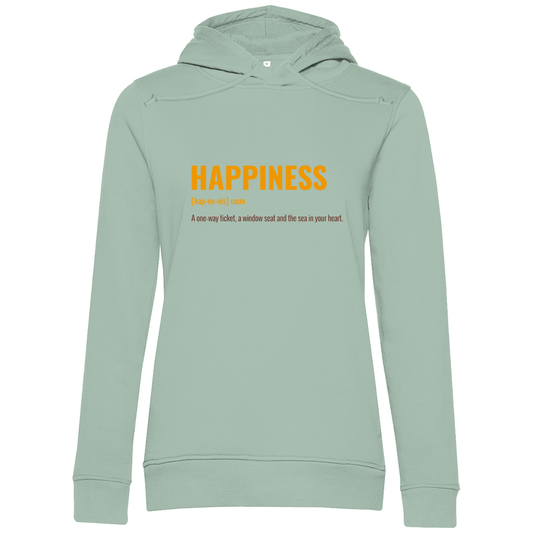 Kapuzenpulli in Sage mit HAPPINESS (ONE WAY TICKET & WINDOW SEAT) Print. Fernweh zum Anziehen mit travelPrint4U.de