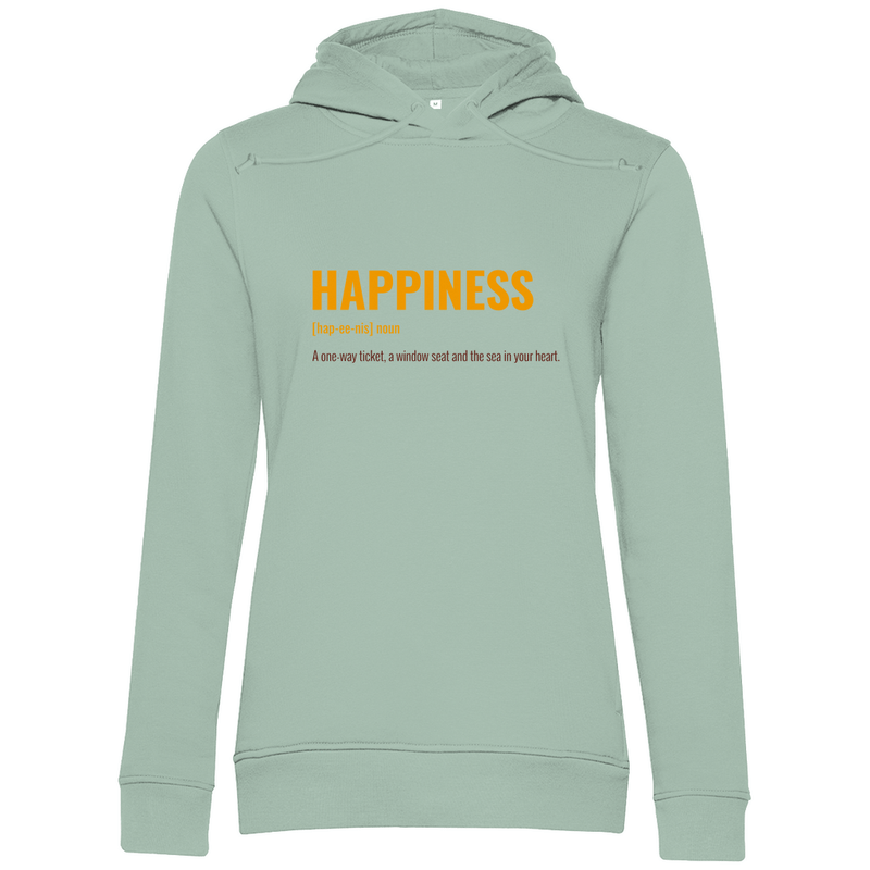 Kapuzenpulli in Sage mit HAPPINESS (ONE WAY TICKET & WINDOW SEAT) Print. Fernweh zum Anziehen mit travelPrint4U.de