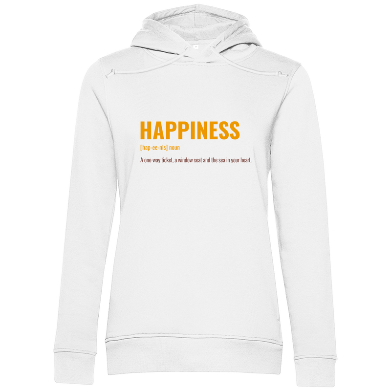 Kapuzenpulli in White mit HAPPINESS (ONE WAY TICKET & WINDOW SEAT) Print. Fernweh zum Anziehen mit travelPrint4U.de
